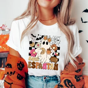Aqui Espantan Printed Women's Shirt Clothing Spooky Season Round Neck Tops Halloween Ghost Pattern T-Shirt Outfits