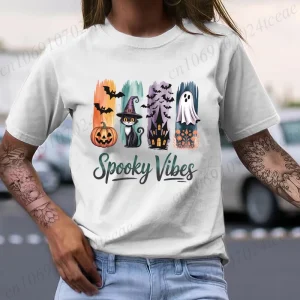 Spooky Vibes Halloween TShirt Tee Spooky Cat Halloween T-Shirts Short Sleeve Sportwear Fashion Casual Women's T-Shirts Clothing