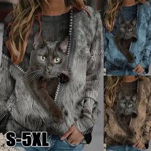 2023 Autumn Women Clothing S-5XL Fashion Print T-Shirt Zipper Cartoon Cat Printed Casual Loose Shirt Long Sleeve Round Neck Tops